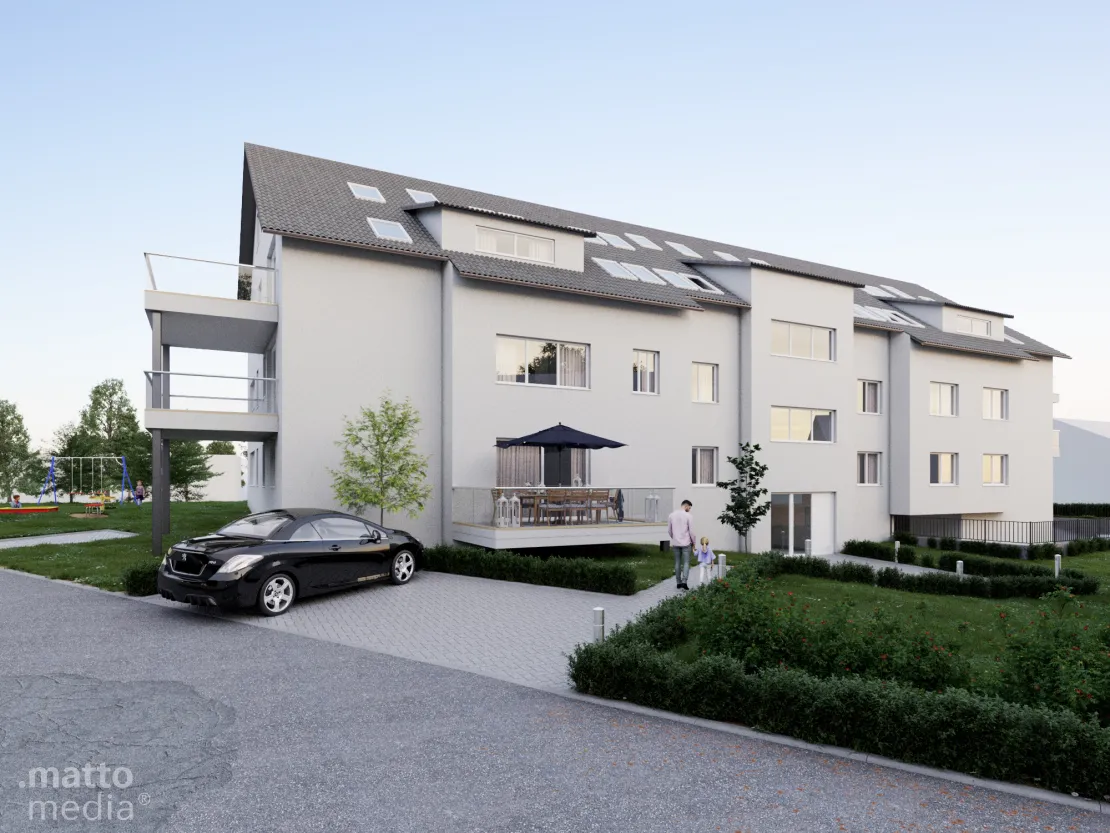 3D Architekturvisualisierung eines Mehrfamilienhauses inklusive dem Interieur 