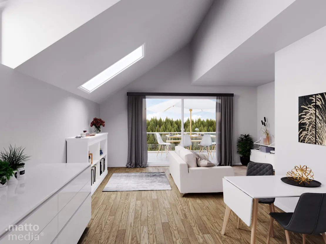 Wohnbereich in einer Dachgeschosswohnung /d-mind GmbH Manzen