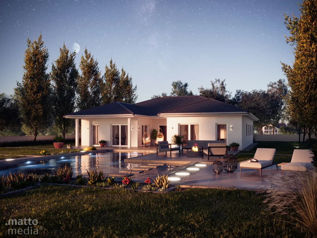 3D Visualisierung einer exklusiven Villa in Abendstimmung