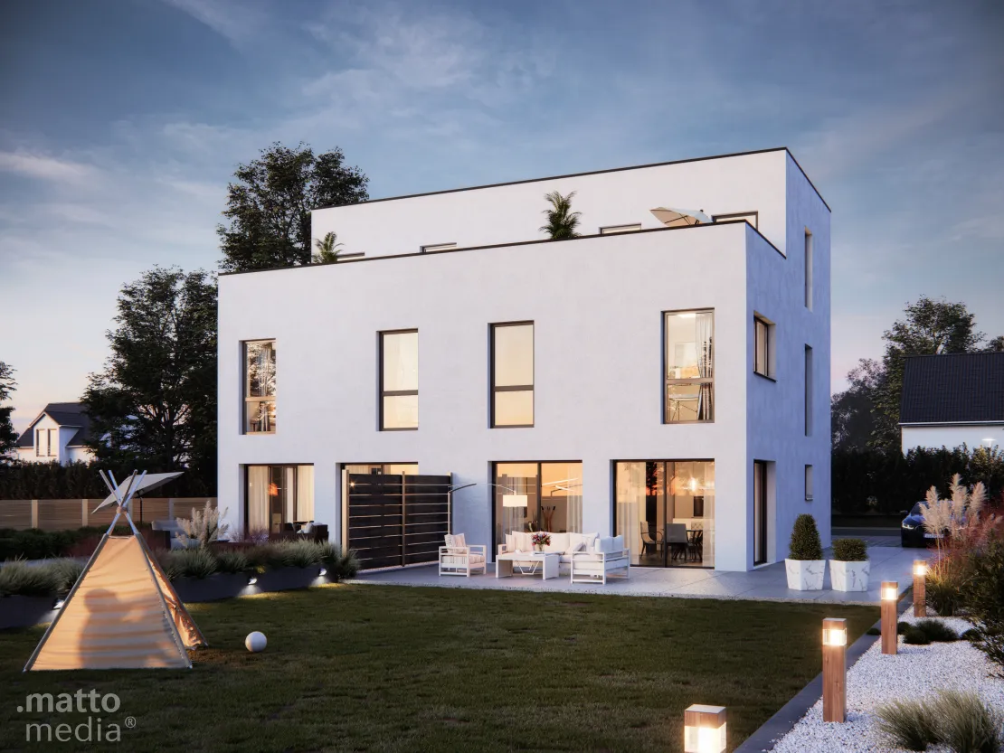 Architekturvisualisierung eines modernen Doppelhauses in 3D