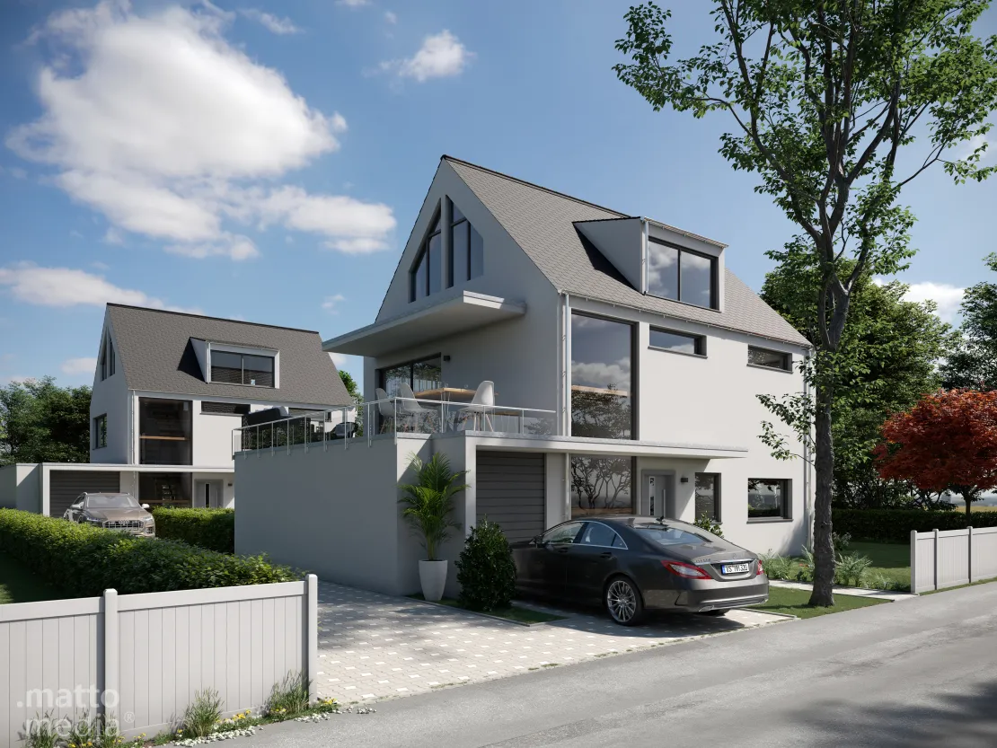 Moderne Einfamilienhäuser sowie das Interieur in 3D visualisiert