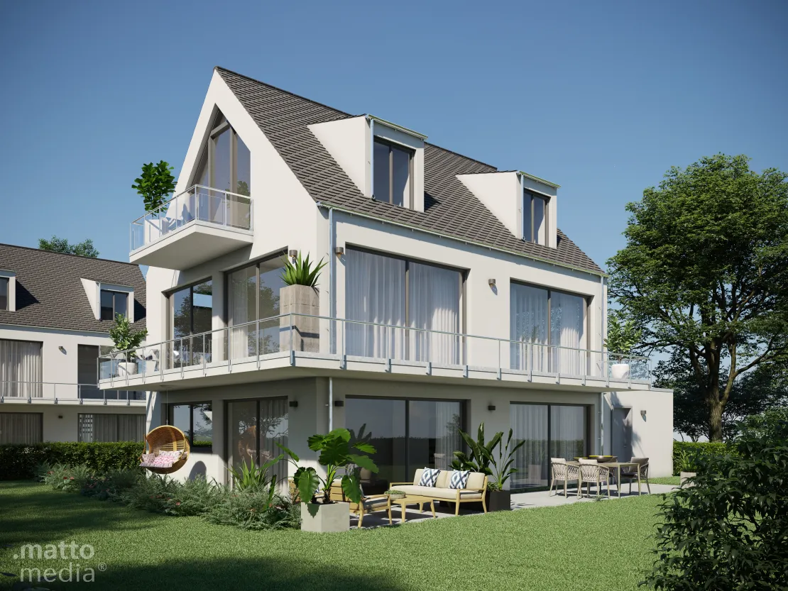 Gartenansicht auf großes modernes Einfamilienhaus /Wohnen Huttner Immobilien Beowulf