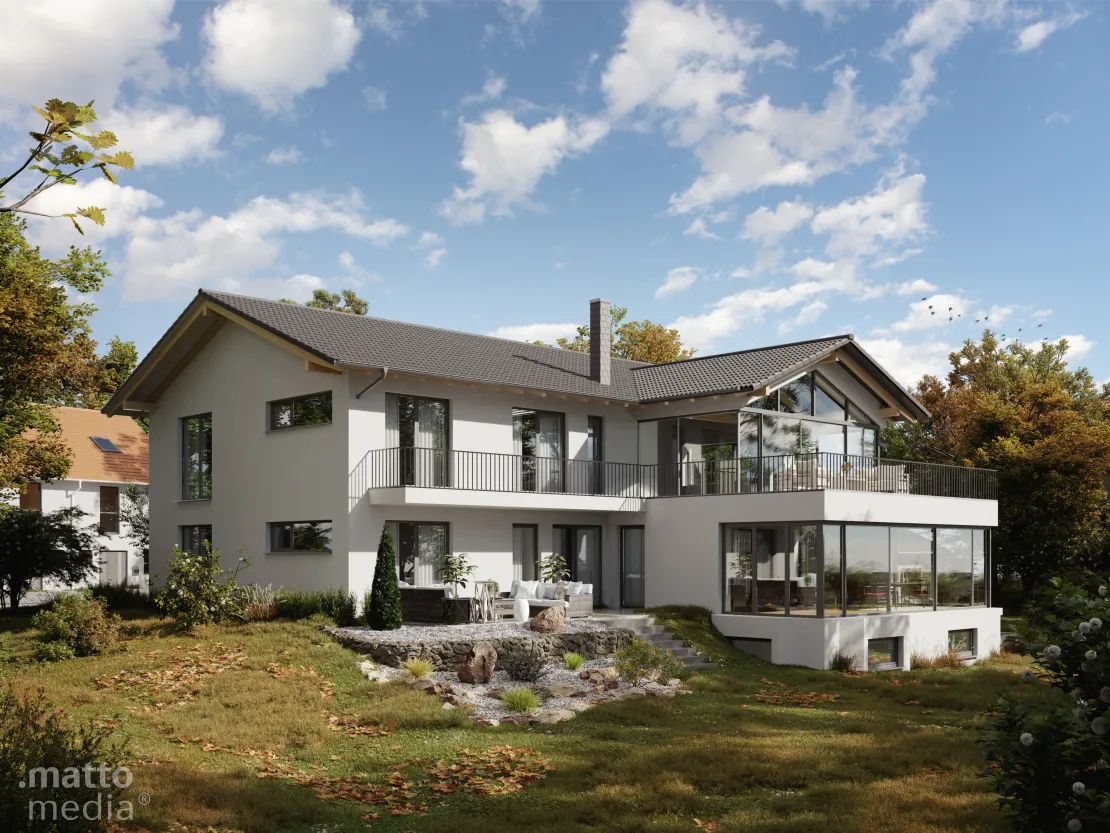 3D Außenvisualisierung eines Zweifamilienhauses mit Garten