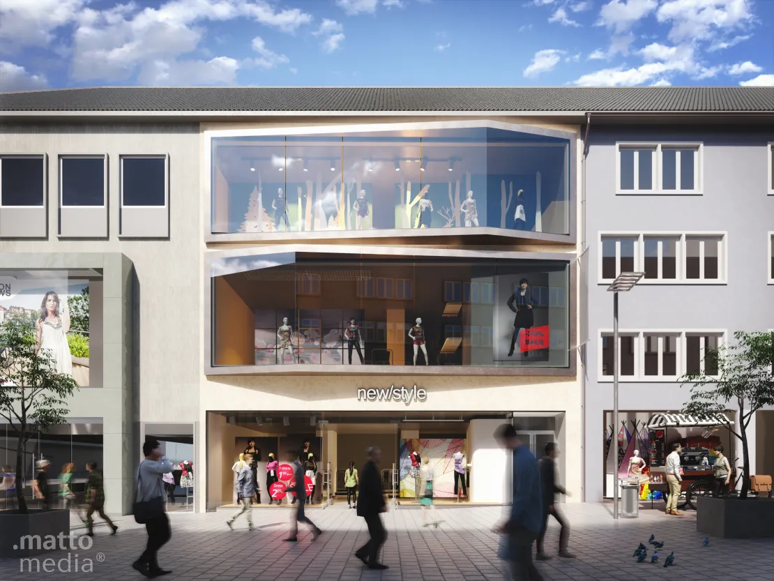 3D Visualisierung eines Ladengebäudes im Stadtzentrum