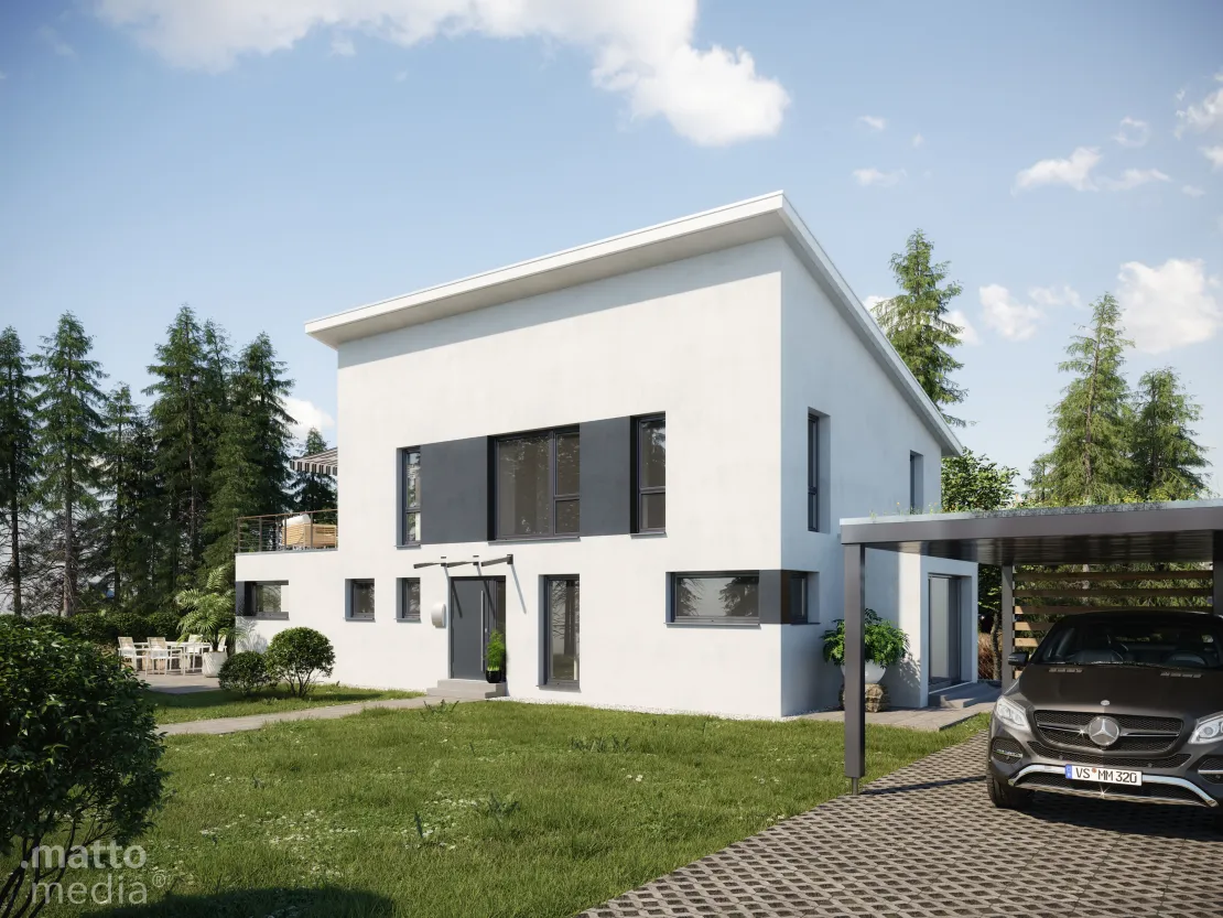 3D Architekturvisualisierung eines Zweifamilienhauses in Landidylle