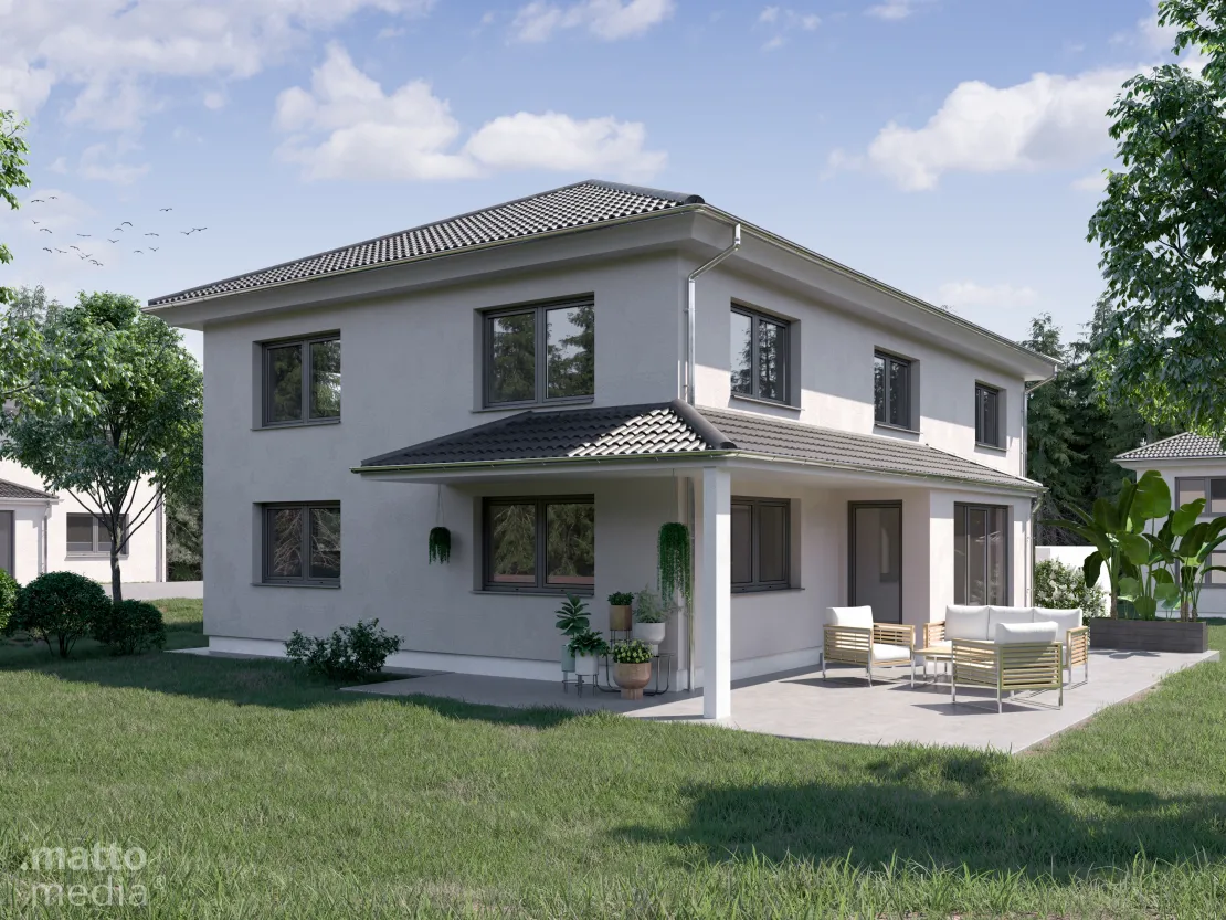 3D Architekturvisualisierung eines Einfamilienhauses mit Garten