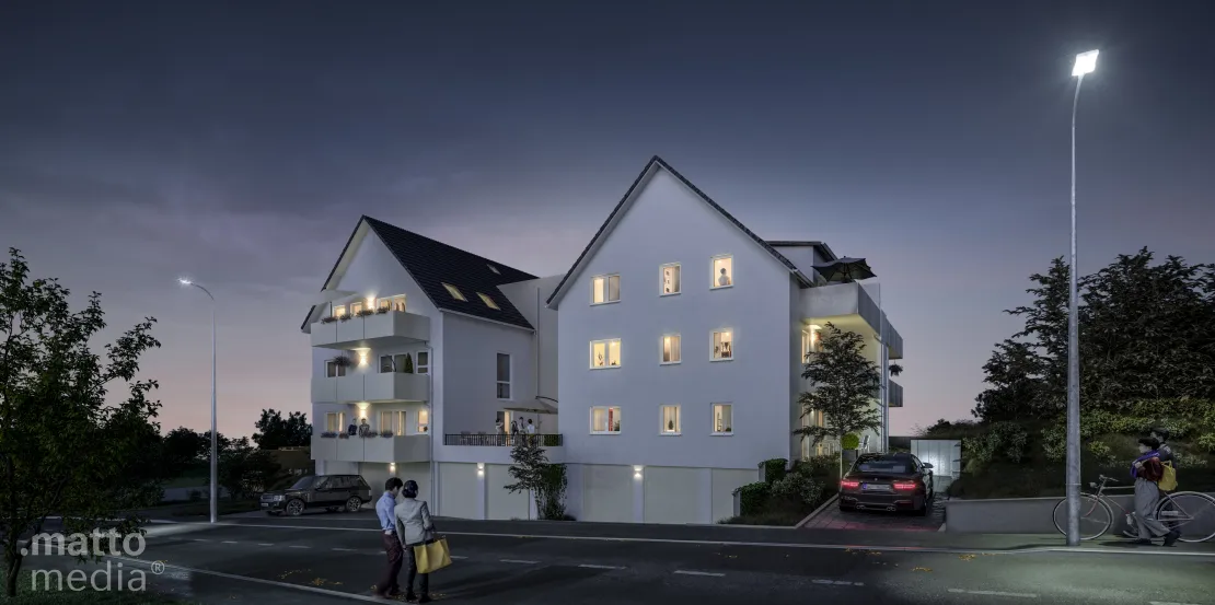 3D Visualisierung eines Mehrfamilienhauses mit Abendstimmung
