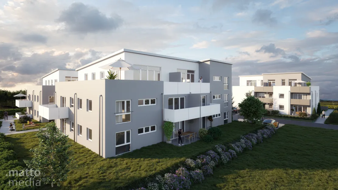Wohngebiet mit Mehrfamilienhäusern in 3D visualisiert