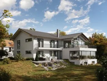 3D Außenvisualisierung eines Zweifamilienhauses mit Garten
