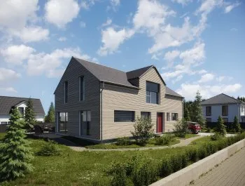 3D Visualisierung eines idyllischen Einfamilienhaus in Holzoptik